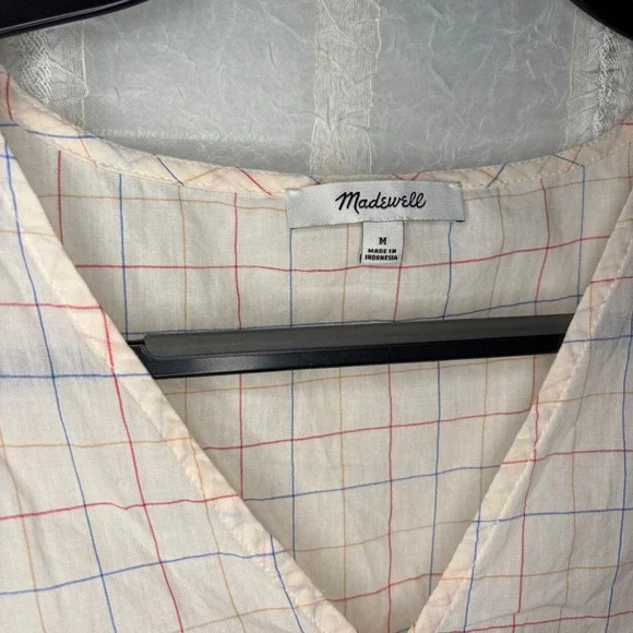 Madewell Tie-Front Grid Top Women Medium Cream Multi-Color Excellent Windowpane - Picture 2 of 5